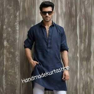 Men&#39;s Pathani Kurta,Handmade Kurta, Panjabi Kurta For Men&#39;s Party Wear Kurta 100%Cotton Nevy blue Color All Sizes Available