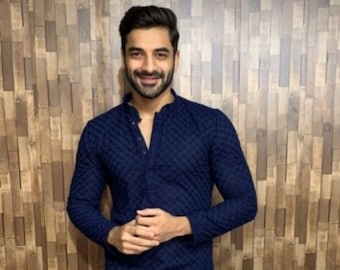 Set pigiama blu Chikankari Kurta: Lucknowi Kurta per uomo,