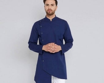 Mens Blue Cotton Kurta: Traditional Indian Designer Shirt