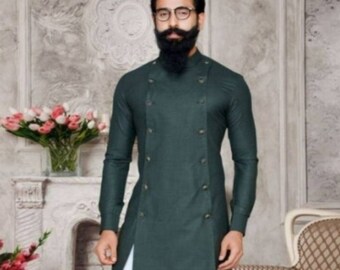 Men's Dark Green Cotton Kurta Pajama Set: Indian Wedding Outfit