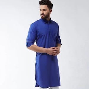 Mens Royal Blue Cotton Pathani Kurta: Traditional Indian Shirt