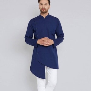 Kurta de algodón azul para hombre: Camisa tradicional india de diseñador