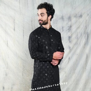 Mens Black Kurta Pajama Set: Mirror Work Indian Outfit