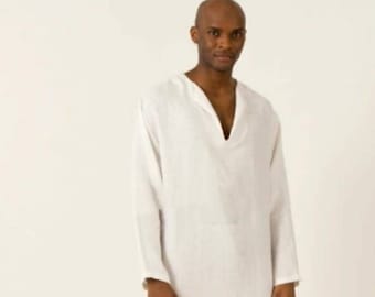 Kaftán de algodón blanco hecho a mano: bata larga unisex de estilo indio para hombre.