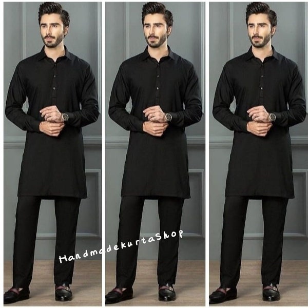 Mens kurta, Pathani kurta pajama set, Summer kurta, 100%Cotton Indian kurta pajama set, Wedding kurta, Party wear kurta, Black color kurta,