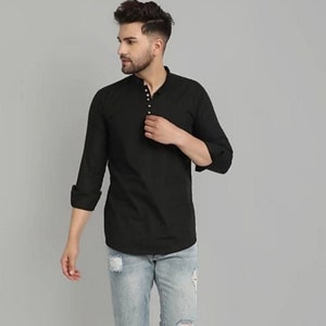 Mens Black Cotton Short Kurta: Indian Wedding Shirt