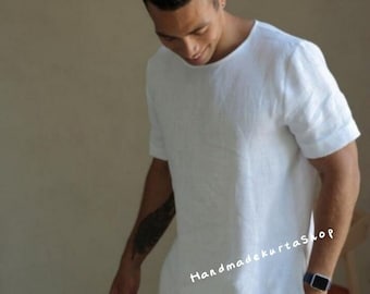 Kurta corta da uomo fatta a mano: camicia indiana in cotone bianco