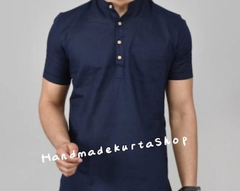 Kurta corta in cotone fatta a mano: Kurta blu da sposo per uomo