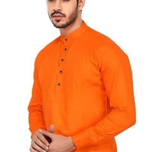 Handmade Cotton Short Kurta: Orange Indian Mens Outfit