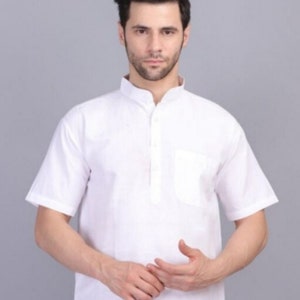 Mens White Cotton Short Kurta: Traditional Indian Shirt