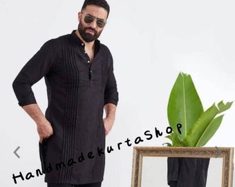 Black Cotton Indian Kurta Pintex Design, Traditional Menswear