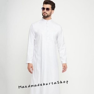 Handmade White Cotton Mens Kaftan: Omani Thobe Jubba
