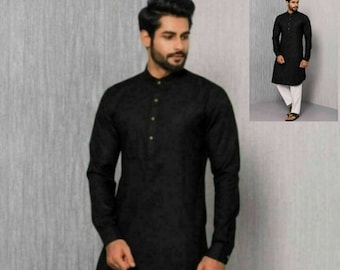 Handmade Black Cotton Indian Kurta: Traditional Mens Clothing