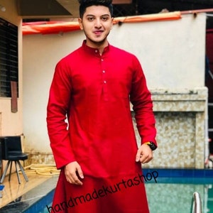 Red Cotton Indian Kurta: Handmade Traditional Menswear