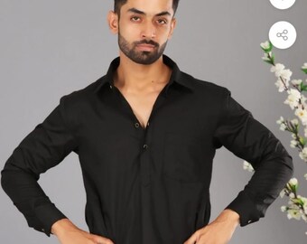 Kurta negra de algodón para hombre: ropa tradicional india para fiestas.
