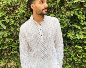 Men's White Chikankari Kurta Pajama Set Embroidered Cotton Wedding Outfits,