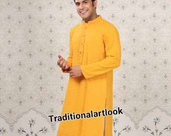 Chikankari kurta för män, indiska bröllopskläder, gul färgad kurta med sekvensarbete,