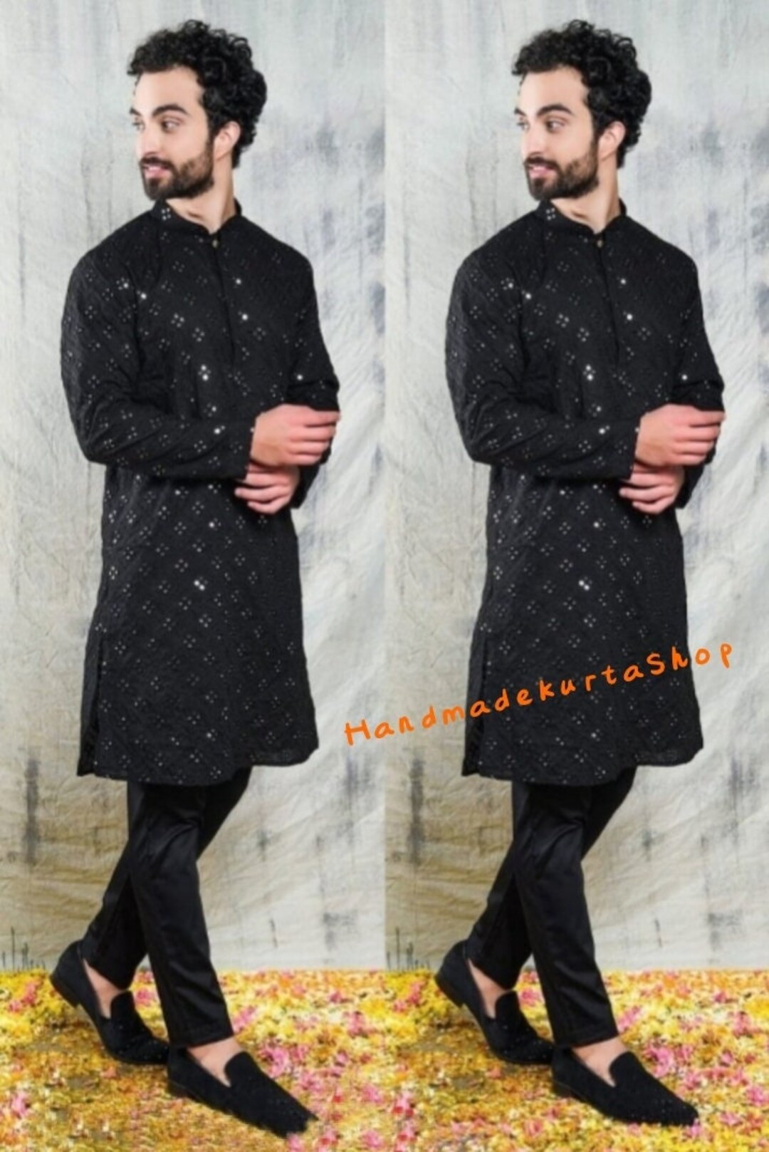 Men'S Pista Embroidered Mirror Work Kurta Pyjama