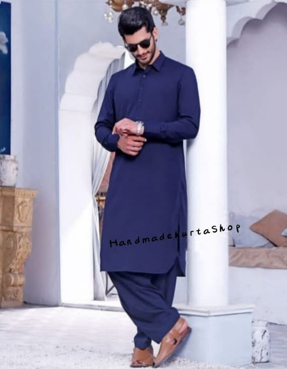 Mens Kurta With Shalwar Suite Handmade Top With Pants Set Party