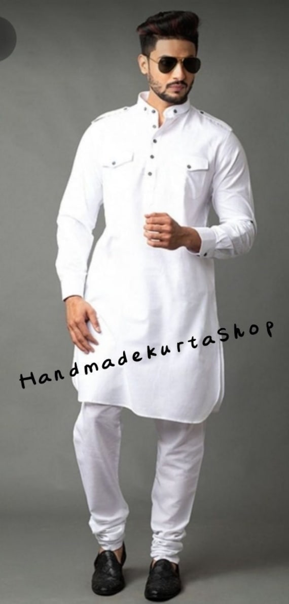 Mens White Cotton Pathani Kurta: Traditional Panjabi Shirt Only for kurta