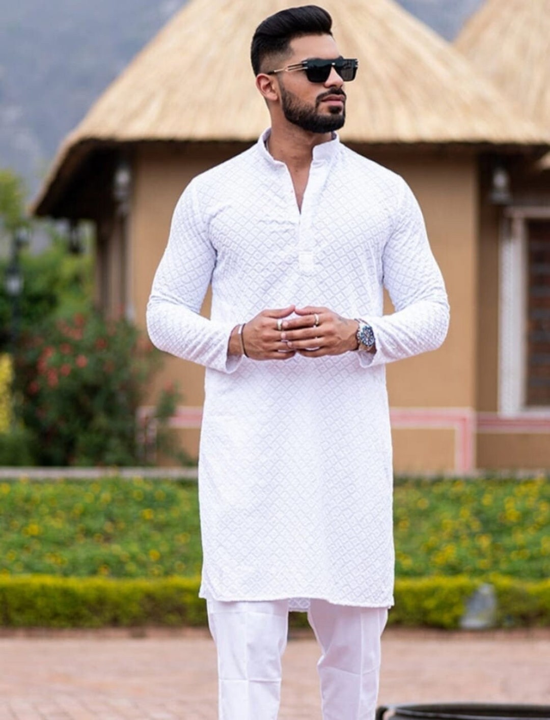Set Pigiama Kurta Uomo In Cotone Elina Fashion | Chikankari Ricamato | Abbigliamento Tradizionale Indiano Diwali