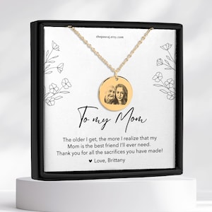 Personalized Photo Necklace for Mom, Custom Engraved Pendant, Mother's Day Gift from Daughter or Son, Jewelry with Message Card