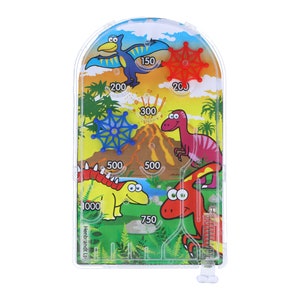 May include: A plastic dinosaur-themed pinball game with a clear plastic case. The game features a volcano, palm trees, and five different dinosaurs. The game has a spring-loaded plunger to launch the ball. The game has point values of 150, 200, 300, 500, 750, and 1000.
