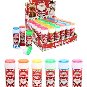 May include: A selection of Christmas bubble bottles, each with a colourful lid and a Santa Claus design. The bottles are displayed in a festive box with the words "Merry Christmas BUBBLES" and seasonal illustrations.