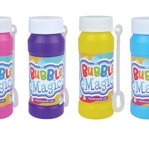 May include: Four plastic bottles of bubble solution with wands attached. The bottles are pink, purple, yellow, and blue. Each bottle has the words "Bubble Magic" and "Henbrandt Ltd" printed on the label.