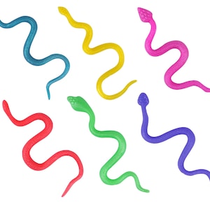 May include: Six brightly coloured toy snakes are arranged against a white background. The snakes are in shades of blue, yellow, pink, red, green, and purple. Each snake is curled and has a detailed head, suitable for play or decoration.