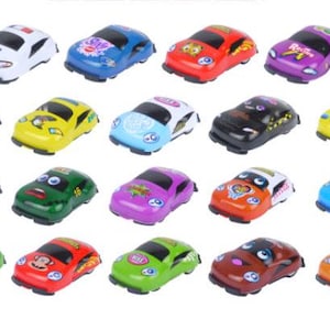 May include: A collection of 18 colourful toy cars with various cartoon designs. The cars are made of plastic and have a variety of colours, including red, blue, green, yellow, pink, purple, black, and white.