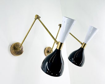 Pair of Diabolo Wall Sconces: Mid-Century Modern Brass, Black & White