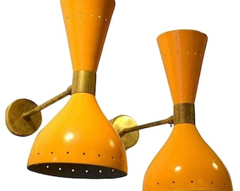 Vintage 1950s Mid Century Italian Brass Diabolo Wall Sconce - Retro Lighting Fixture with Elegant Midcentury Charm - Orange Color  Set of 2