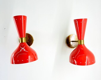 Vintage 1950's Mid Century Brass Italian Diabolo Wall Sconce Light Fixture 2 Bulb Pair