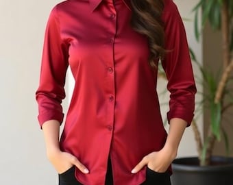 Red Satin Shirt - Red Satin Blouses - Shirt For Women - Party Wear Shirt - Office Wear Shirt - Women Formal Attire - Club Wear Blouse