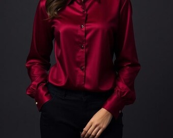 Rich Red Satin Shirt - Women Satin Shirt - Office Wear Shirt - Gift For Women - Partywear Shirt - Women's Clothing - Red Satin Blouses Women