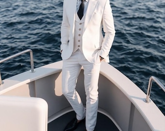 Op maat gemaakt wit linnen pak – Bruidegom-trouwkleding