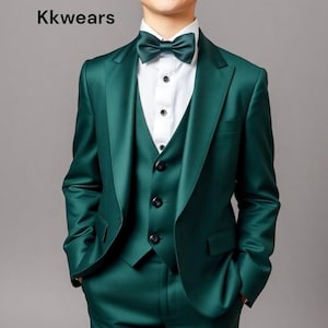 Satin Kid Suit - Satin Green Suit - Green Three Piece - Party Wear Suit - Kid Wedding Suit - Wedding Wear Suit - Ring Bearer Suit - Kid Suit