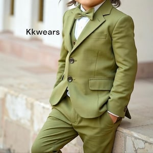 Kid Olive Green Suit - First Communion Suit - Baptism Suit For Kid - Green Tuxedo Suit - Page Boy Suit - Baby Boy Suit - Boy&#39;s Clothing