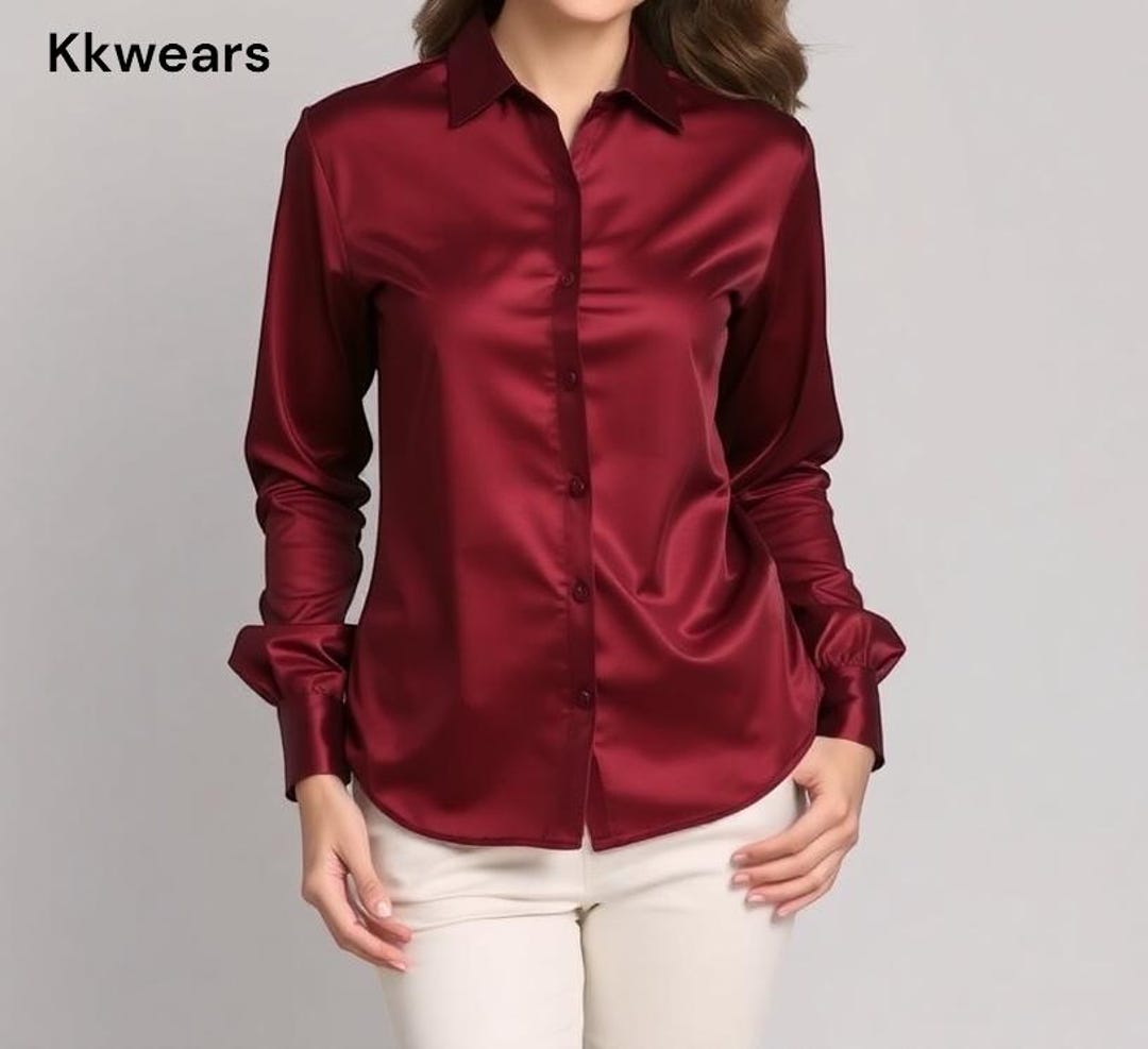women's red dress shirt Satin Logo Embroidery Ryrjj Womens Button Down Shirts
