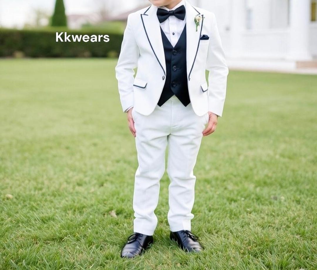 Boy's White 5 Piece Kids Sizes 2 Button Suit Prefect for toddler Suit wedding attire outfits - White