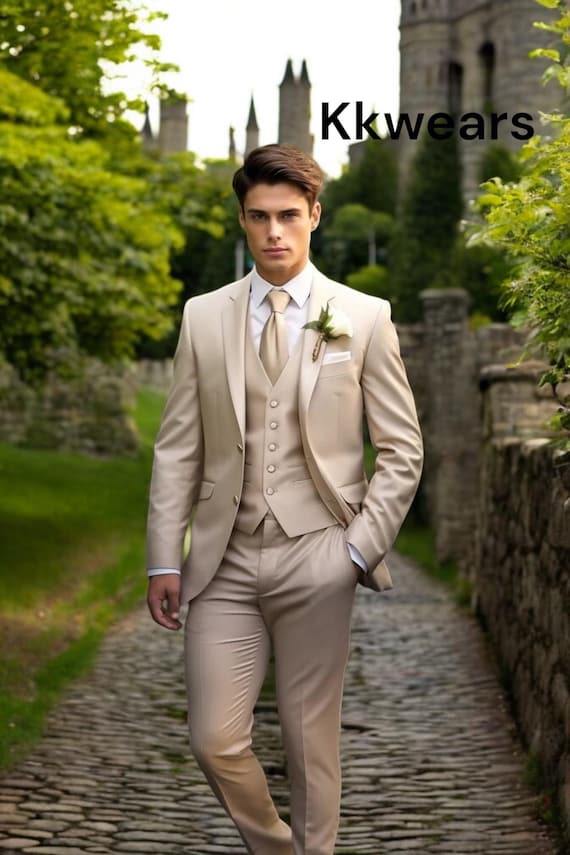 Beige Wedding Suit, Traditional Groom Wear, Men's Suit