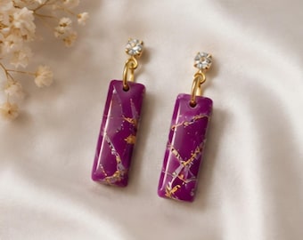 Purple Marble Drop Earrings, 18K Gold Posts, Cubic Zirconia Studs, Handmade Polymer Clay Jewellery