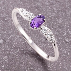Dainty Sterling Silver Oval Amethyst Engagement Ring, February Birthstone Promise Ring Gift for Her, Amethyst Jewellery Ring
