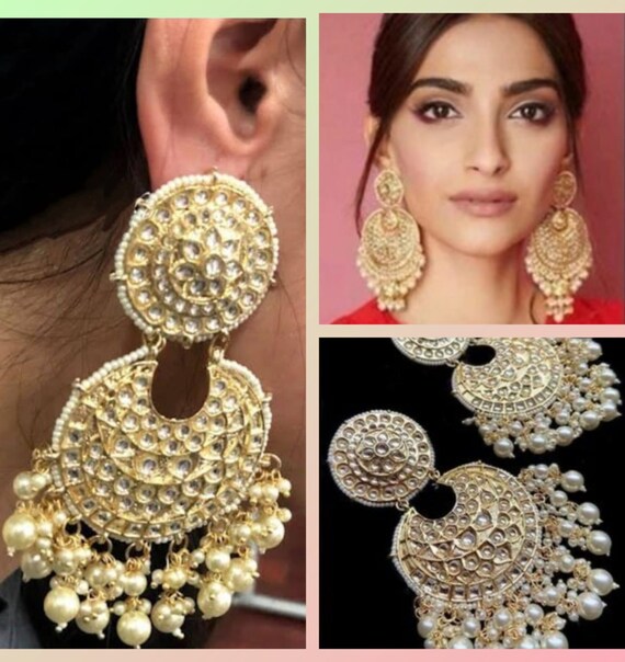 Stunning Chaand Baliyan With Pearls Kundan Stones Worn by Celebrity Style Icon Sonam Kapoor Bollywood Inspired Earrings Jhumki Gold Ethnic Etsy Australia