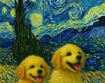 Custom Van Gogh Pet Portrait from Photo | Starry Night Cat & Dog Art | Pet Memorial | 2 Pets Portrait Digital Download | Printable Wall Art