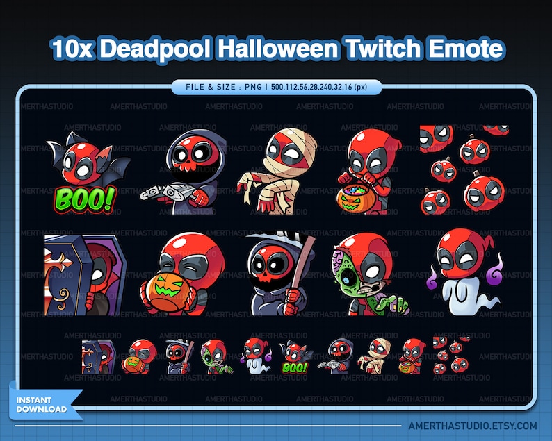 May include: A digital graphic featuring 10 Deadpool-themed Halloween Twitch emotes. The emotes depict Deadpool in various costumes, including a mummy, ghost, and zombie. The words "10x Deadpool Halloween Twitch Emote" are at the top.