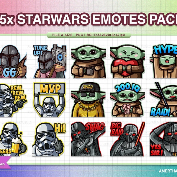 15x Pack d’émotes Twitch Starwars | Émotes Kawaii | Émotes mignonnes | Émotes Twitch | Émote texte | Discorde | Kawaii