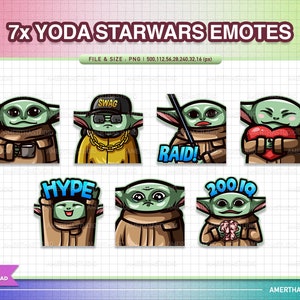 7x Yoda Starwars Twitch Emotes Pack / Emoticonos Kawaii / Emotes lindos / Emoticonos de Twitch / Emote de texto / Discordia / Kawaii
