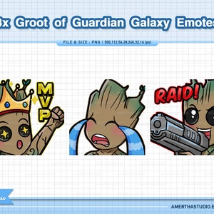 Könnte beinhalten: Drei Groot-Emotes der Guardians of the Galaxy. Ein Groot trägt eine Krone und feiert mit einer MVP-Faust. Ein anderer weint mit blauen Tränen. Der dritte hält eine Waffe mit dem Wort "RAID!"